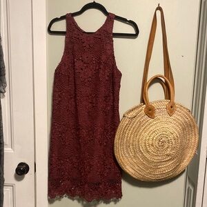 WAYF Anthropologie Brand | Burgundy Floral Lace Mini Dress - halter neckline - S